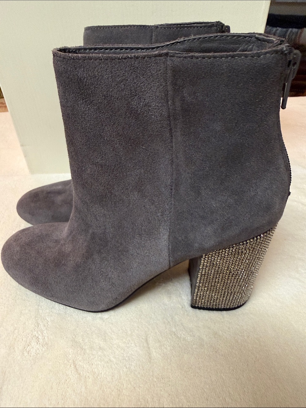 Reaction Kenneth Cole Gray Suede Ankle Boots with Crystal Block Heel